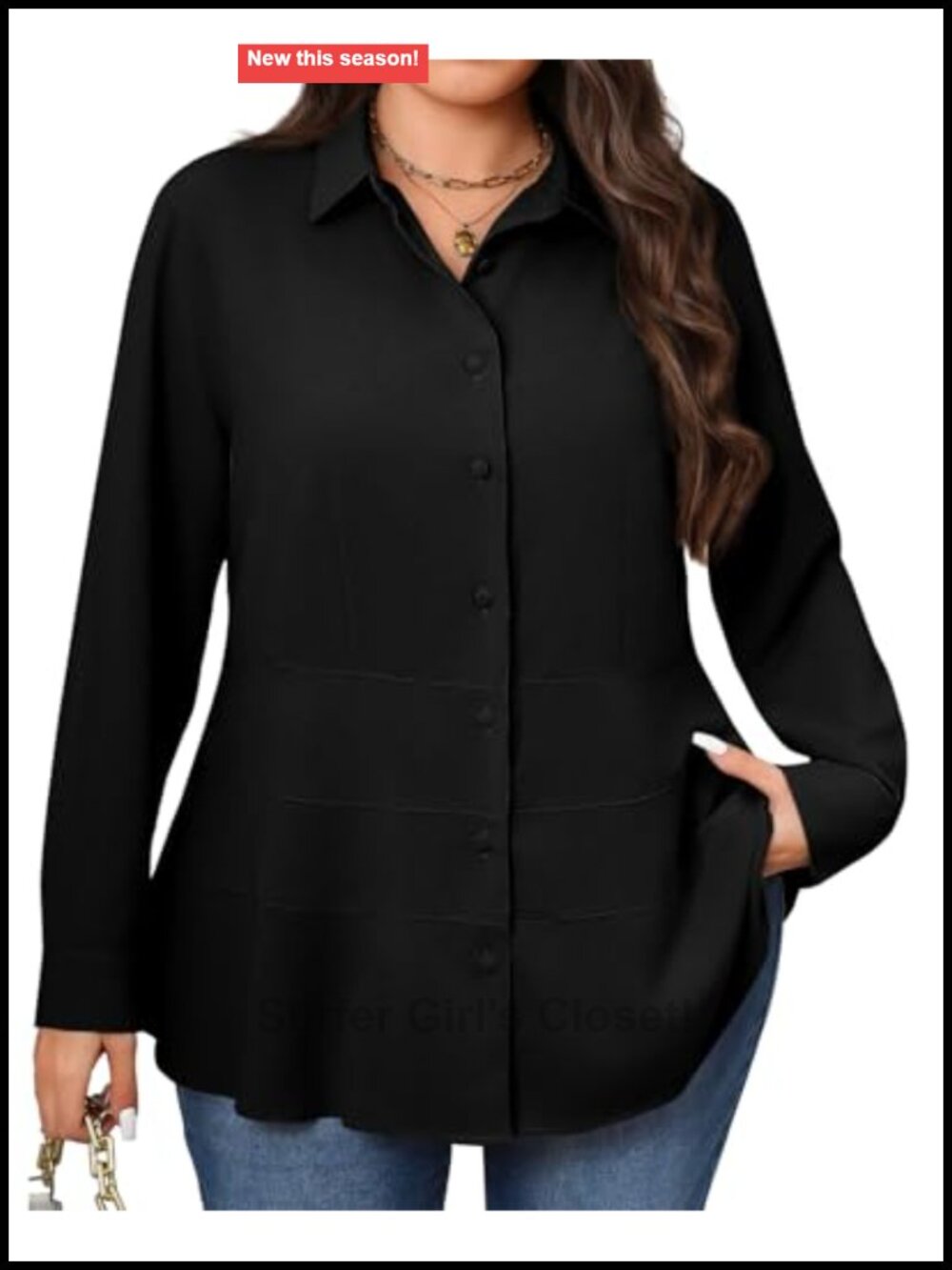 Womens Plus Size Button Down Blouse Long Sleeve V Neck Peplum Top